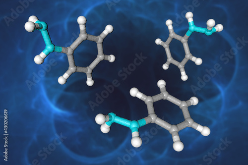 Molecular model of phenylhydrazine. Atoms are represented as spheres with conventional color coding: carbon (grey), nitrogen (blue), hydrogen (white). Scientific background. 3d illustration