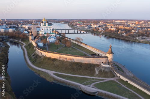 Velikaya River. View of the Pskov Kremlin and Trinity Cathedral