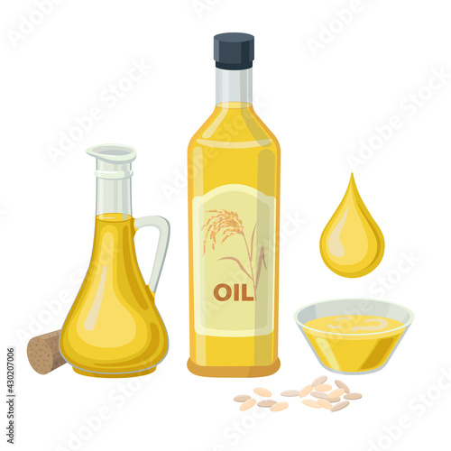 Rice oil in glass bottles isolated on white background. Vector illustration of Rice bran oil in glass bowl, bottle and jug with oil drop.