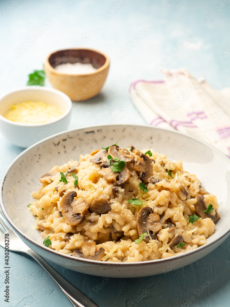 Risotto with mushrooms, parmesan cheese and parsley in plate on concrete background Risotto with mushrooms, parmesan cheese and parsley in plate on concrete background