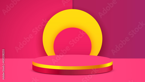 Abstract scene background. Cylinder podium on pink background. Product presentation, mock up, show cosmetic product, Podium, stage pedestal or platform.