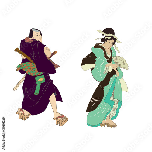Japanese and Chinese culture vector illustration. Geisha and samurai warriors. Traditional Japanese culture, geisha woman. Japan art.