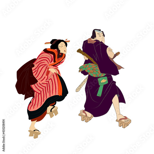 Japanese and Chinese culture vector illustration. Geisha and samurai warriors. Traditional Japanese culture, geisha woman. Japan art.