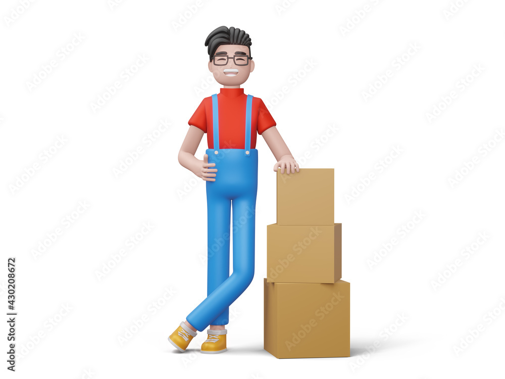 Happy delivery man with package box, 3d rendering. Happy delivery man with package box, 3d rendering.