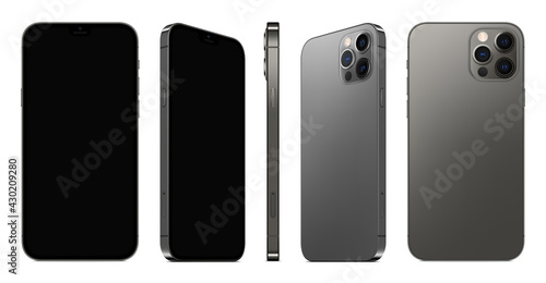 smartphone frameless grey color with black screen saver front and backside view isolated on white background. mockup of realistic new mobile phone with shadow. vector 3d isometric illustration