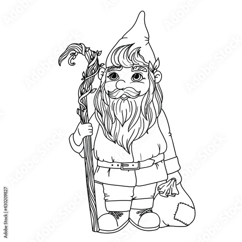 Cute garden gnome. Coloring book with gnomes. A magical creature. Grandpa is a forester. Vector illustration isolated on white background.