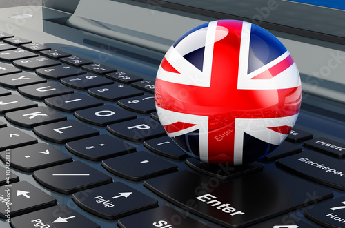 British flag on laptop keyboard. Online business, education, shopping in the Great Britain concept. 3D rendering