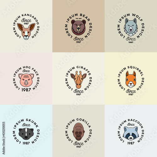 Line Style Animals Faces Set with Retro Typography. Abstract Vector Signs, Symbols or Logo Templates Collection. Cartoon Kangaroo, Bear, Giraffe, Raccoon, etc. Silhouettes Bundle. Isolated