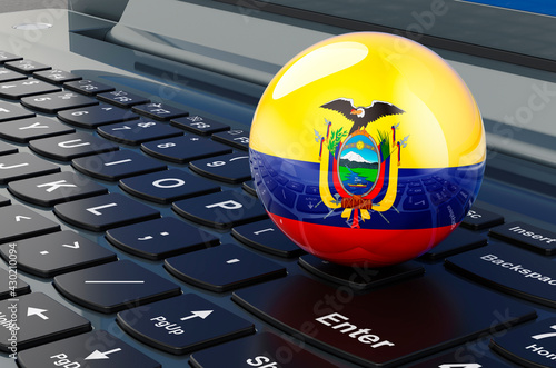 Ecuadorian flag on laptop keyboard. Online business, education, shopping in Ecuador concept. 3D rendering