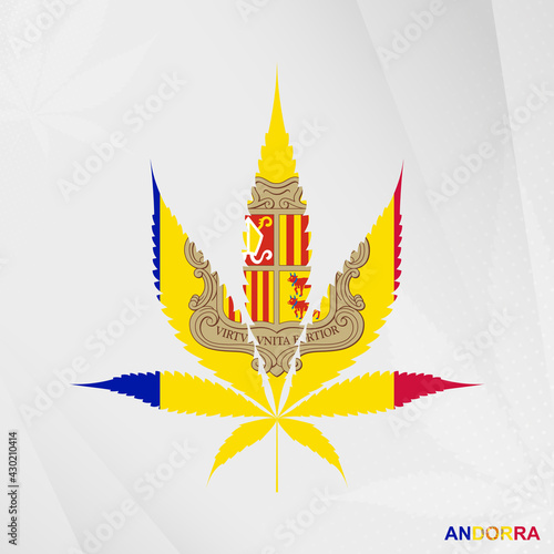 Flag of Andorra in Marijuana leaf shape. The concept of legalization Cannabis in Andorra.