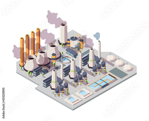 Power nuclear factory. Energy plant isometric environment 3d industrial buildings vector illustrations
