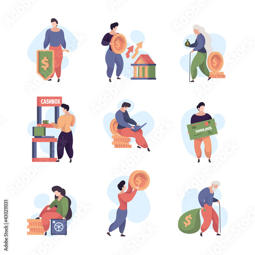 Money services. Banking payment deposit for social customers credit debit paycheck cash garish vector flat illustrations
