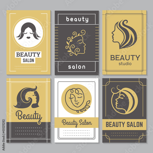 Beauty salon visit cards. Business identity symbols hairdressing salon manicure spa invitation banners recent vector templates