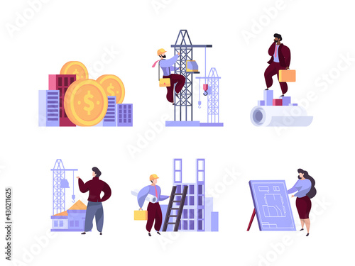 Construction business metaphores. Project managing for commercial real estate investment builders conversation garish vector abstract metaphores