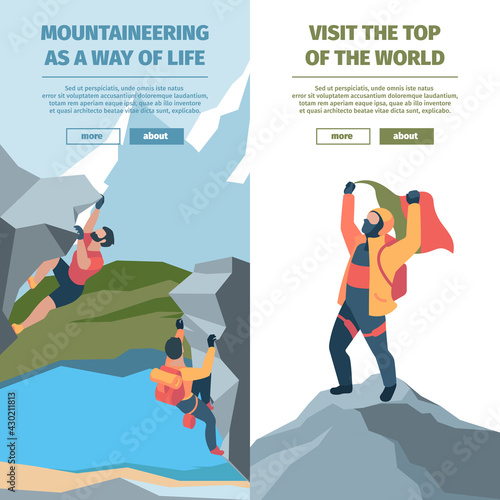 Wall climbers. Banners with risk strong brave persons mountain climbers garish vector business banners with place for text