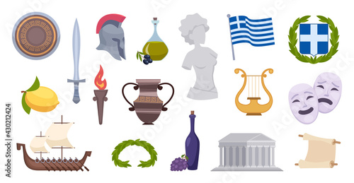 Greece objects. Traditional ancient old greek landmarks and symbols authentic flag wine ship olive pictures exact vector set for travellers