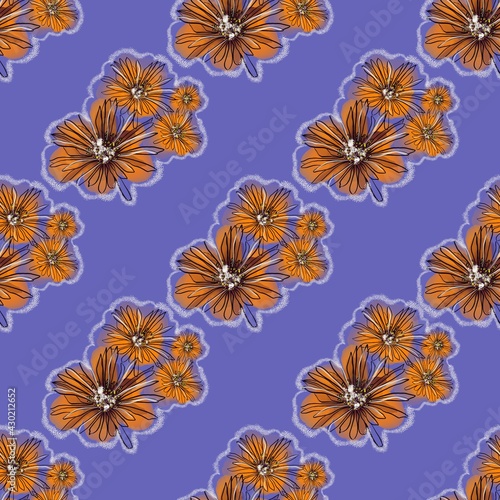 Seamless floral pattern with orange flowers on a purple background 