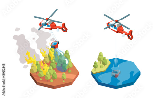 Forest fire. Military helicopter rescue nature disaster secure flame explosion water fire fighting garish vector isometric composition
