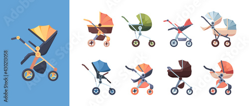 Carriage for baby. Transport for kids mother walking trolley waggon wheels maternity symbols garish vector children carriage set