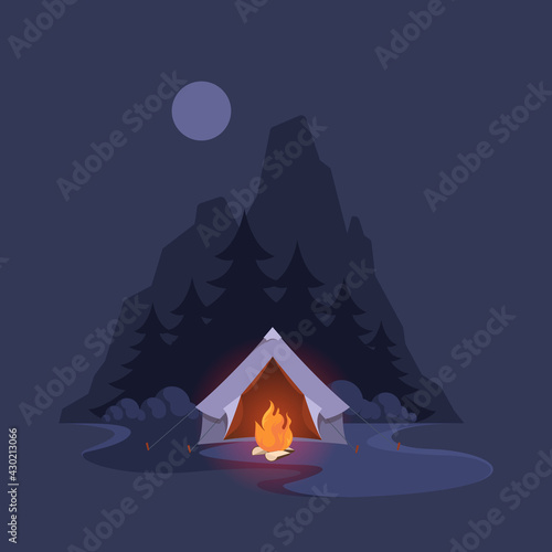 Night camp tent. Dark landscape with mountain trees and shelter adventure for happy travellers garish vector illustrations background