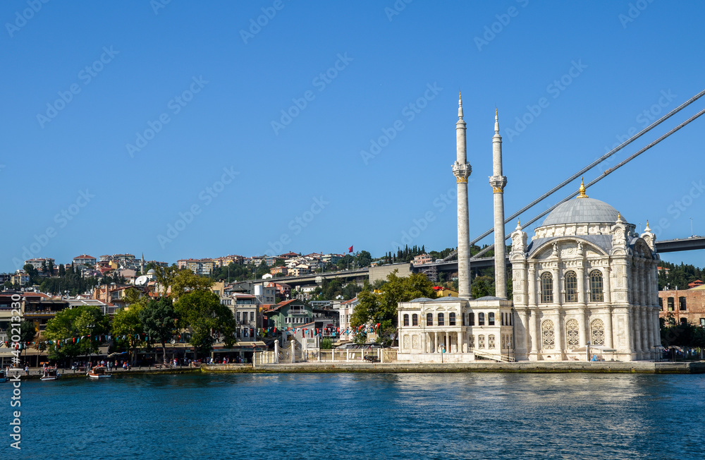 A beautiful view from Bosphorus on historical Ortakoy Mosque, Istanbul, Turkey