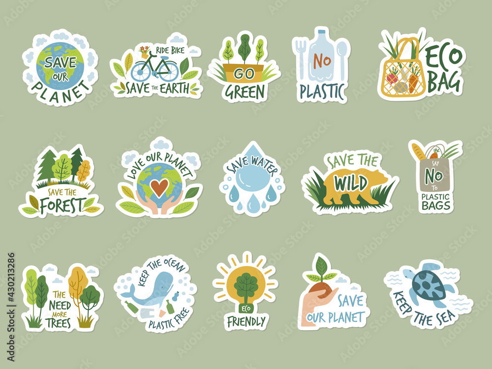 Ecology stickers. Save green earth planet clean environment eco labels recent vector badges colored illustrations isolated