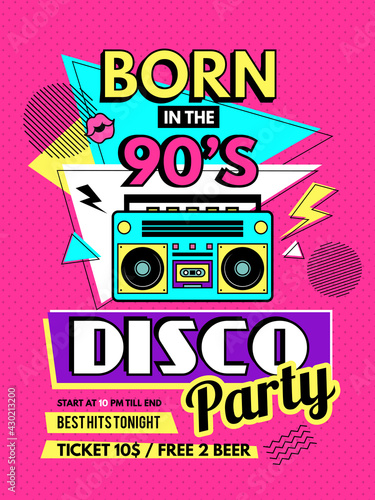 Retro poster. 80s style placard party invitation 90s music elements radio boombox recent vector template for design projects