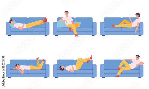 Man on couch. Relaxing different poses characters sitting on sofa person dreaming thinking sleeping nowaday vector cartoon illustrations collection