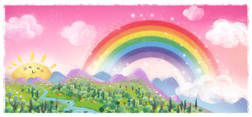 Ingelijste posters Regenboog Zonnig veld met regenboog  © cirodelia