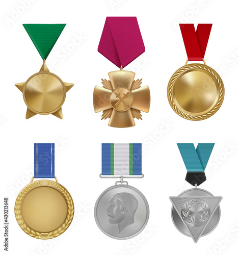 Military awards. Sport leadership round golden medals with red ribbons decent vector achievement realistic set