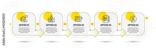 Cv documents, Augmented reality and Person info line icons set. Timeline process flowchart. Journey path sign. Portfolio files, Phone simulation, Refresh user data. Project process. People set. Vector
