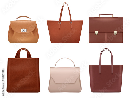 Office business bags. Vintage leather cases for ladies and men brown luxury fashioned bags decent vector realistic pictures