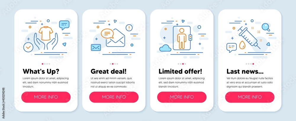 Set of line icons, such as New mail, Hold t-shirt, Elevator symbols. Mobile screen mockup banners. Medical syringe line icons. Received e-mail, Laundry shirt, Office transportation. Vector