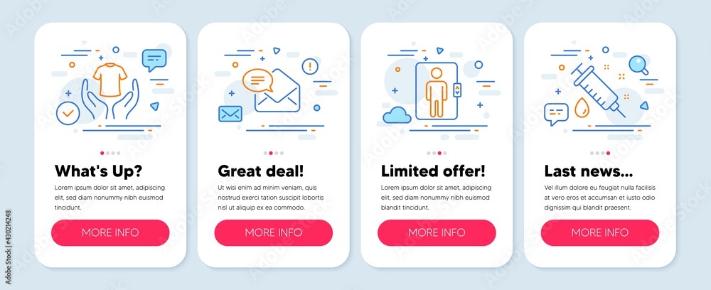 Set of line icons, such as New mail, Hold t-shirt, Elevator symbols. Mobile screen mockup banners. Medical syringe line icons. Received e-mail, Laundry shirt, Office transportation. Vector Set of line icons, such as New mail, Hold t-shirt, Elevator symbols. Mobile screen mockup banners. Medical syringe line icons. Received e-mail, Laundry shirt, Office transportation. Vector