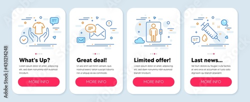 Set of line icons, such as New mail, Hold t-shirt, Elevator symbols. Mobile screen mockup banners. Medical syringe line icons. Received e-mail, Laundry shirt, Office transportation. Vector