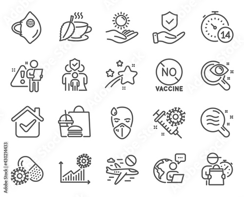 Medical icons set. Included icon as Insurance hand, Skin condition, Sick man signs. Quarantine, Medical mask, No vaccine symbols. Cancel flight, Sun protection, Vision test. Mint tea. Vector