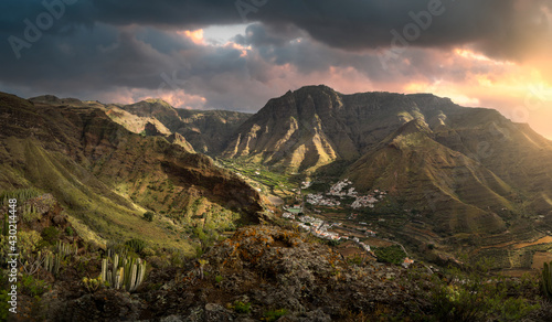 panoramic view of the Agaete Valley with the Tamadaba mountains in the background at sunset. Gran Canaria. Canary islands photo