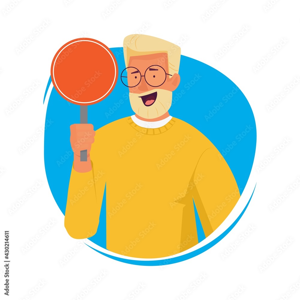 Man with banner. Happy guy holding empty attention plate. Advertisement or information vector character avatar