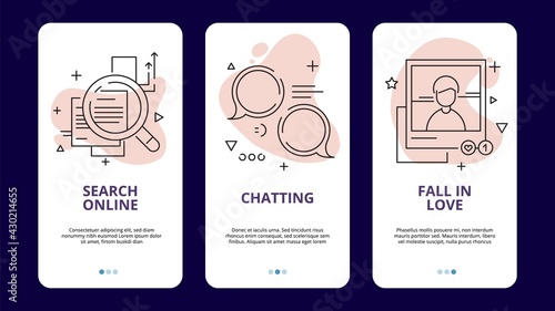 Online dating app template. Linear social media concepts, search chat and find your love vector banners