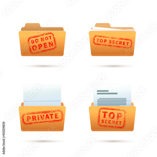 Bright yellow folder icons with documents, archive folders with red top secret stamp on white