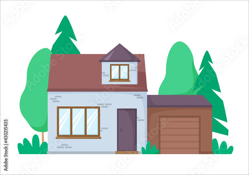 Brick house with garage. Nice detached house with greenery on background. Flat design architecture. Vector illustration