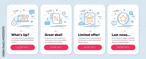 Set of Finance icons, such as Loan percent, Sales diagram, Vip ticket symbols. Mobile app mockup banners. Loyalty star line icons. Discount blueprint, Sale growth chart, Exclusive privilege. Vector