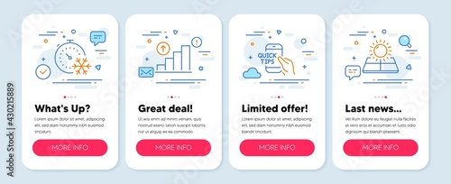 Set of Business icons, such as Freezing timer, Education, Graph chart symbols. Mobile screen banners. Sun energy line icons. Air conditioning, Quick tips, Growth report. Solar panels. Vector