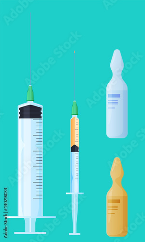 Set of injections and ampoules. Human health. Vector illustration.