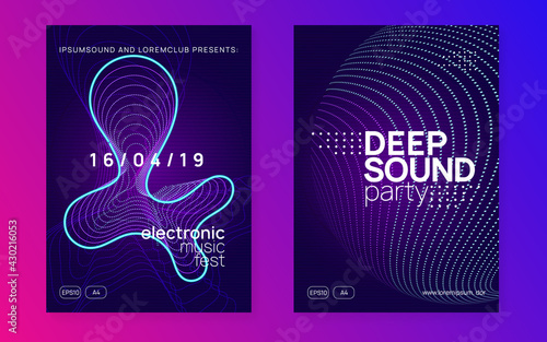 Neon music poster. Electro dance dj. Electronic sound fest. Club event flyer. Techno trance party.