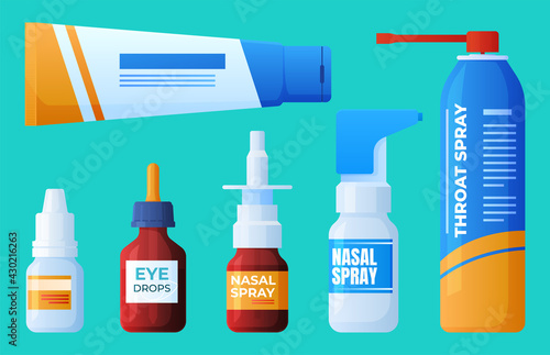 Set of throat sprays, eye drops and runny nose. Human health. Vector illustration.