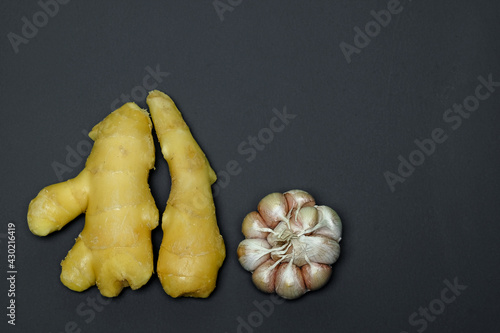two roots of juicy fresh ginger and a garlic head on a gray background, photographed close-up