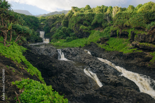 Dramatic series of waterfalls of Ohe'o Gulch cascading in Haleakala National Park, Maui, Hawaii photo