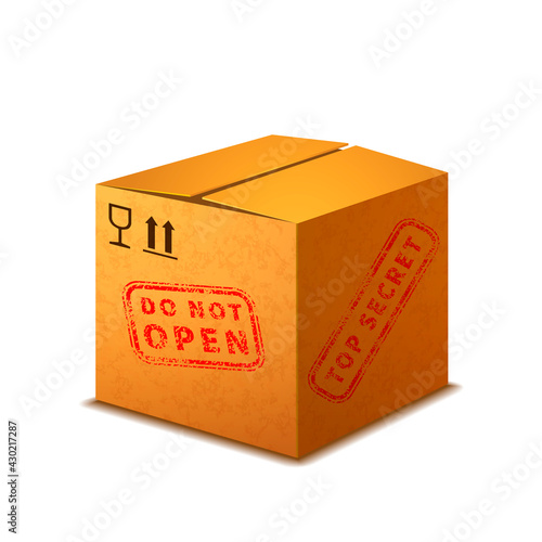 Bright realistic cardboard box with cargo signs and red top secret stamp on white