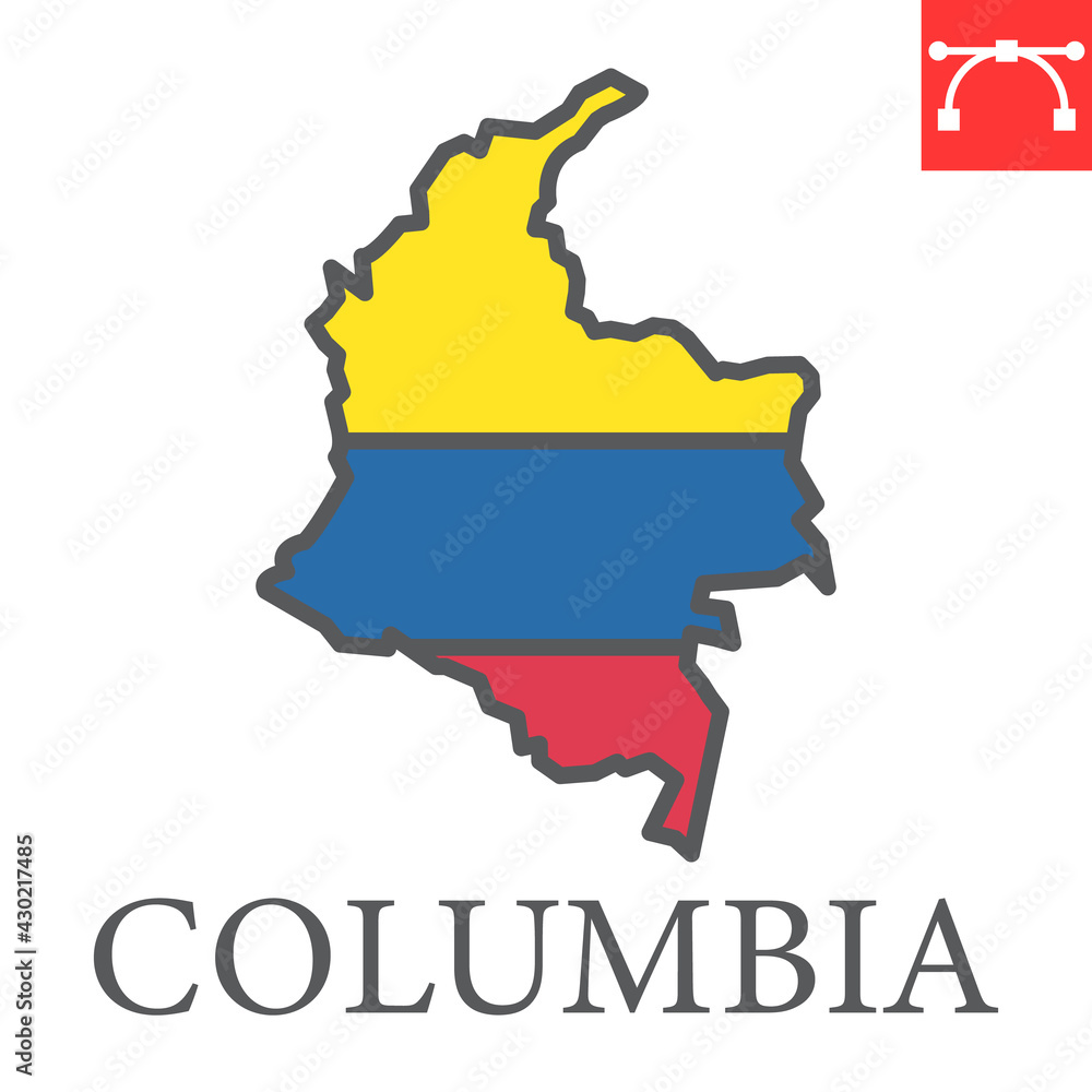 Map of Colombia color line icon, country and travel, Colombia map flag vector icon, vector graphics, editable stroke filled outline sign, eps 10